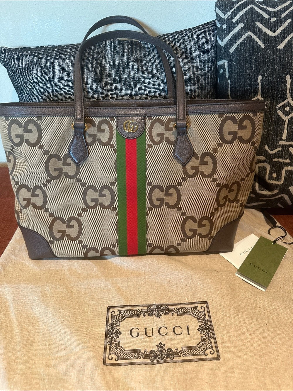 ✨Not For Sale✨ 
Authentic Gucci GG Canvas Tote with Brown Trim and Green/Red Web